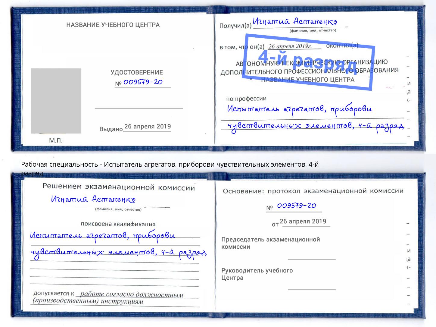 корочка 4-й разряд Испытатель агрегатов, приборови чувствительных элементов Бузулук