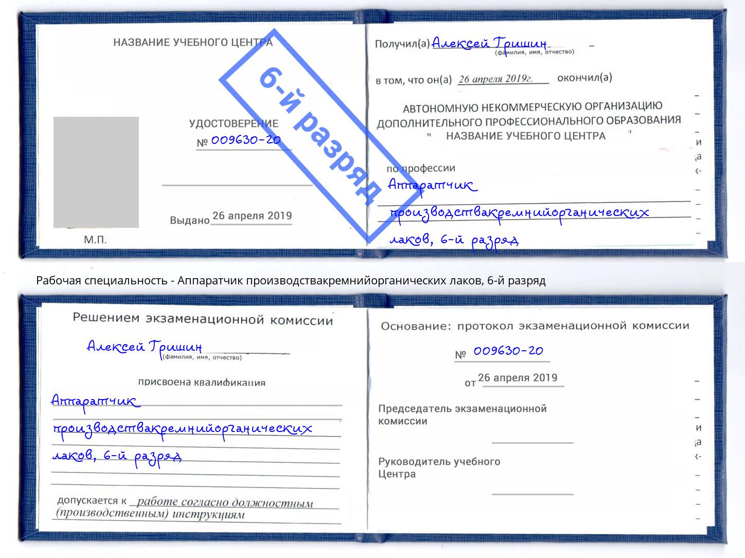 корочка 6-й разряд Аппаратчик производствакремнийорганических лаков Бузулук