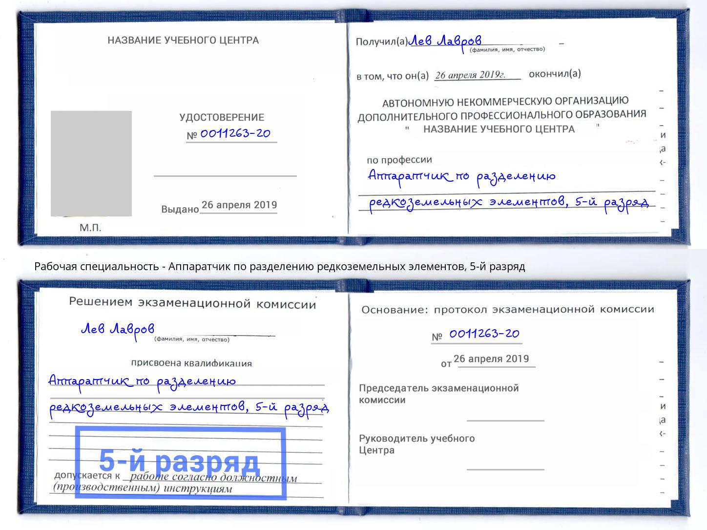 корочка 5-й разряд Аппаратчик по разделению редкоземельных элементов Бузулук